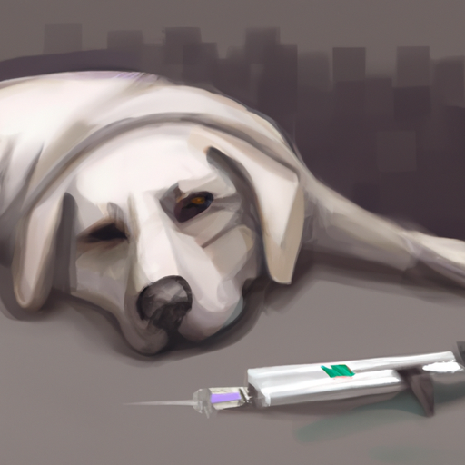 A diabetic dog peacefully lying down, with a needleless injector in the foreground.
