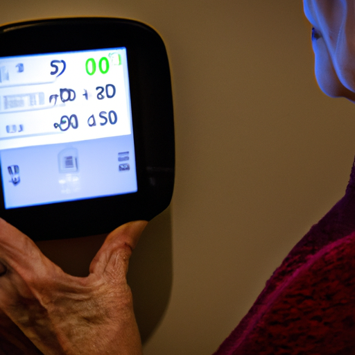 אישה מבוגרת משתמשת במערכת בית חכם לשליטה בתאורה ובטמפרטורה של ביתה.